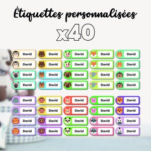 Etiquetas infantiles kawaii para personalizar | Lote 40 etiquetas de animales para cuaderno y botella de agua | Linda decoración escolar
