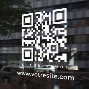 QR code sticker pointing to a website for commerce, boutique window sticker, window display, store, customizable adhesive vinyl