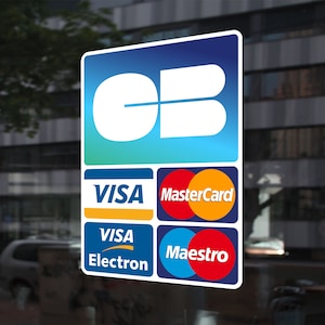 Sticker cartes bancaires pour vitrine commerce, vitrophanie cartes bancaires, autocollant moyens de paiement, impression numérique