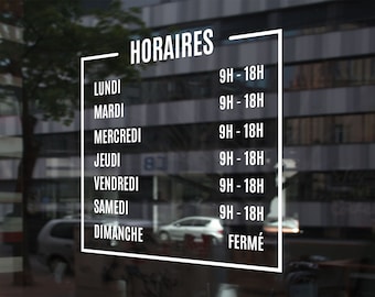 Sticker horaires d'ouverture carré pour vitrine magasin et commerce