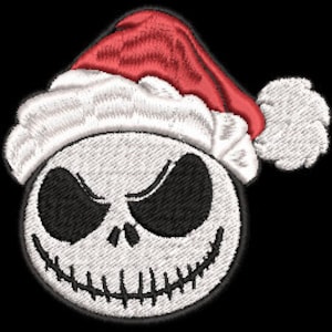 May include: Embroidered patch featuring Jack Skellington from The Nightmare Before Christmas, wearing a Santa hat. The patch has a white border, a black and white skull face, and a red and white hat.