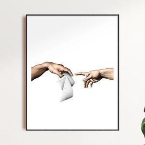 Adam's Creation Meets Toilet Paper | Funny Bathroom Decor Humorous Art Print Unique Gift for Bathroom | Quirky Wall Art Michelangelo Wc