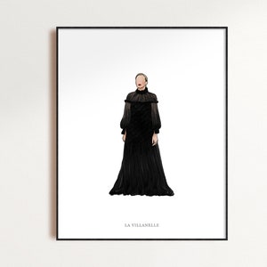 Villanelle - Killing Eve, black dress, illustration, poster, wall, Jodie Comer, Sandra Oh, outfit, fashion, perfume, sorry baby, suit