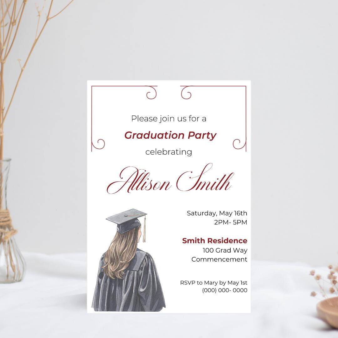 Burgundy Graduation Party Invitation | Editable Canva Template - Etsy