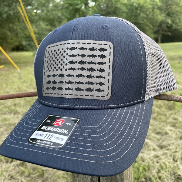 Fishing American Flag Patch Hat, Leather Patch Trucker Hat, Custom Hat, Fishermans Hat, USA Patch Hat, America Hat, USA Fishing Hat