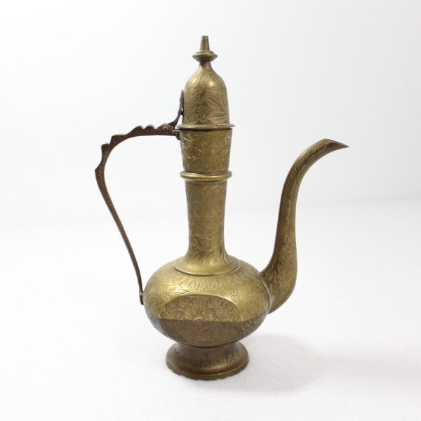 Vintage Brass Teapot Oil Pitcher Genie Lamp Hinged Etched Ornate 9" Tall India