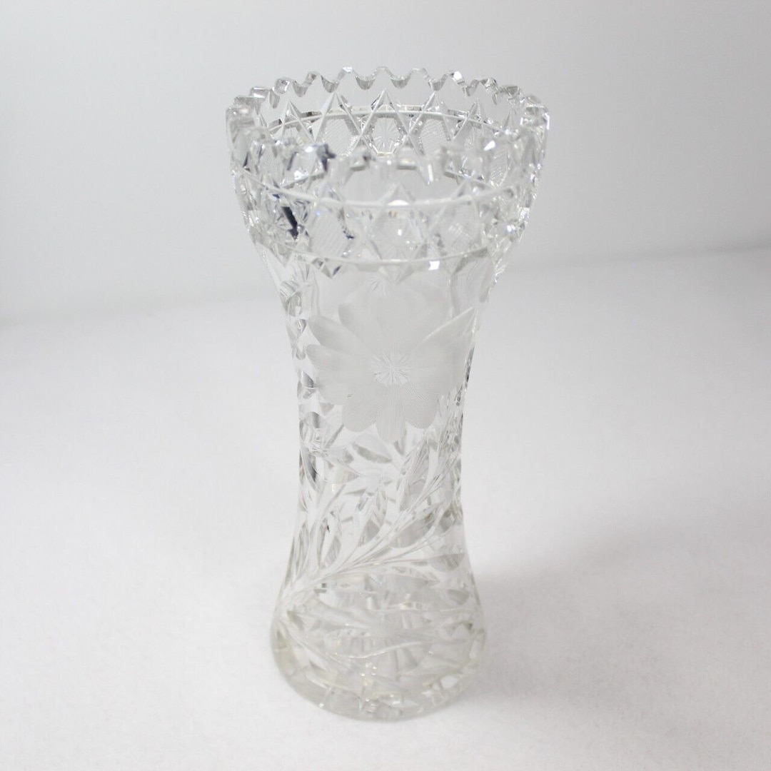 Vintage Lead Cut Crystal Flower Vase Scalloped Edge Etched Etsy