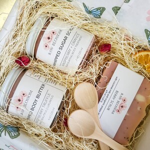 Mother's day gift set Vegan body butter, natural handmade soap, sugar scrub Self care gift package image 2