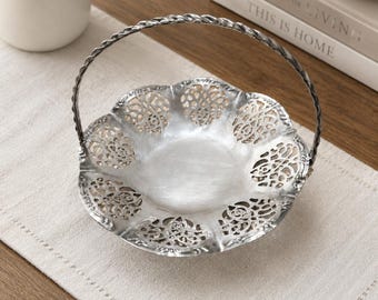 Vintage Silverplate Pierced Candy Dish / Basket with Fold-Down Handle