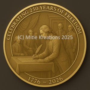 May include: A gold-colored commemorative coin with the text "CELEBRATING 250 YEARS OF FREEDOM" around the edge. The coin features an image of a person signing a document, with other figures in the background. The years 1776-2026 are at the bottom.