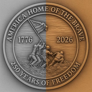 May include: A two-tone commemorative coin with a detailed relief design. The coin features the text "AMERICA HOME OF THE BRAVE" and "250 YEARS OF FREEDOM". The coin depicts soldiers raising a flag and the years 1776 and 2026.