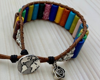 Boho Wrap Leather Bracelet, Colors of New Mexico, Silver Charm, Unisex