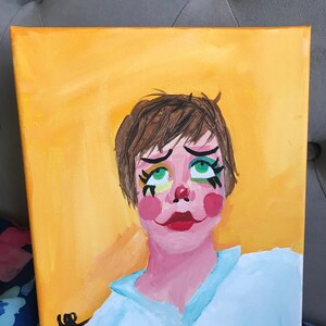 clown lady looking worried and kind of disappointed 8x10 painting
