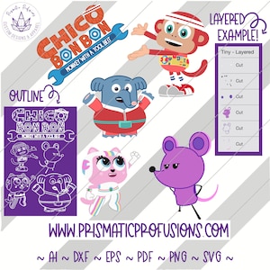 Può includere: Un design digitale a strati con una scimmia, un elefante, un gatto e un topo. Il design è intitolato "Chico Bon Bon" e include il testo "Monkey with a tool belt".