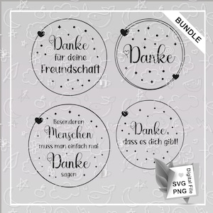 Könnte beinhalten: Ein digitales Dateipaket mit vier kreisförmigen Designs mit dem deutschen Wort "Danke" (Danke) in eleganter Schrift. Jedes Design enthält dekorative Elemente wie Herzen und Punkte mit zusätzlichem Text.