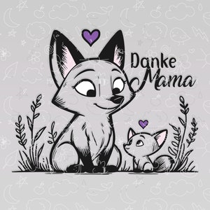 Könnte beinhalten: Eine Schwarzweißillustration von zwei Füchsen, einer größer als der andere, die in einem Grasfeld sitzen. Der größere Fuchs hat ein lila Herz über seinem Kopf. Der Text "Danke Mama" ist in Schwarz über den Füchsen geschrieben.