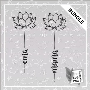 Könnte beinhalten: Schwarz-weißes digitales Dateipaket mit zwei Lotusblumen-Designs. Ein Design sagt "oma" und das andere "mama" in einer Schriftart. Der Hintergrund ist hellgrau mit skurrilen Kritzeleien. Enthält SVG- und PNG-Dateitypen.