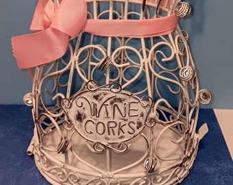 White Wire Wine Cork Holder/ Bird Cage with Marble and Pink Bow as is