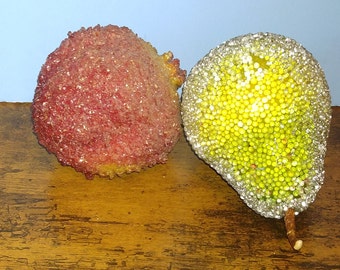 Faux Sugared set of 2 Fruits Yellow Pear and Red Pomegranate used