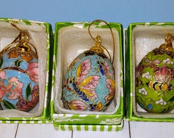 Hand Made Cloisonne Enamel Gold Easter Eggs Figurine with Original Box with Wooden Egg Stand used Sold as each