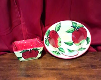 Hand Painted Soft Yellow Serving 10.5" or 6" Bowl with "Apples"  Design Red/Yellow  Polka Dot Signed by Peg's used Sold as each