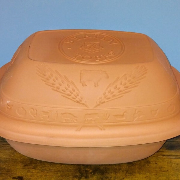 Terracotta Roaster Pan  inside Glazed with Lid Etched Braten Topf made by Roscan New