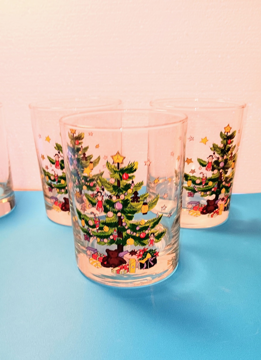 Clear Glass Old Fashion Christmas Tree Drinking Glasses 14oz Set of 4
