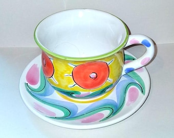 Hand Painted Italy Tickled Pink Coffee Cup & Saucer Elizabeth Barrett  Roache Collection by Presenttense used 1991