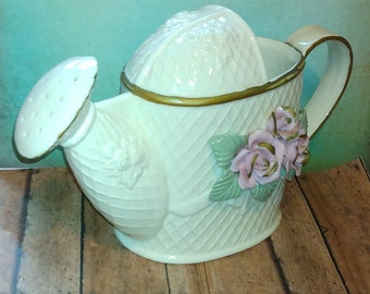 Off White 3D Watering Can with Pink Roses and Gold Trim used