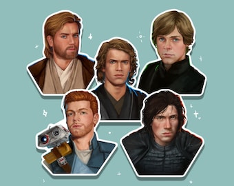 May include: Five illustrated portraits of Star Wars characters, including Luke Skywalker, Obi-Wan Kenobi, Anakin Skywalker, Kylo Ren, and Finn. Each portrait is on a white background with a decorative border.