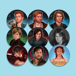 Star Wars Character Button Pins 2.25" Inch Anakin, Obi-Wan, Luke, Kylo, Cal