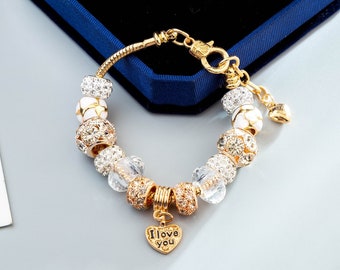 Gold Snake Chain 'I Love You' Charm Bracelet: Beaded Women's Jewelry