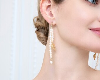 Boucles d'oreilles pendantes avec perles d'eau douce : bijoux de mariée escargot de mer en or