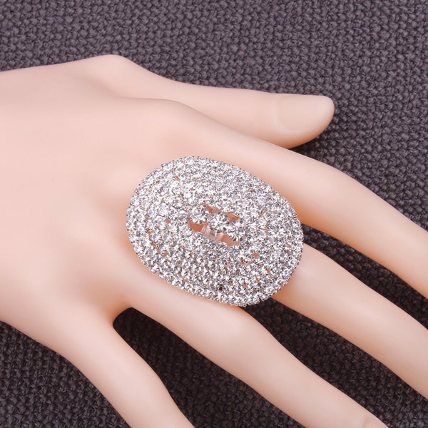 Silver Plating Adjustable Wide Oval Shape Metal Cupchain Finger Rings W/Clear Crystal Rhinestones For Women & Girls