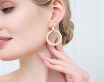 Gold Circle Pearlized Bead Earrings: Bridal Dangle Earrings