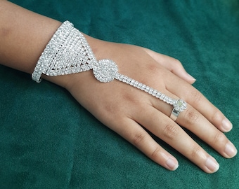 Crystal rhinestone Hand chain bracelet linked Finger ring/ Bridal Party accessories/ Bling bracelet