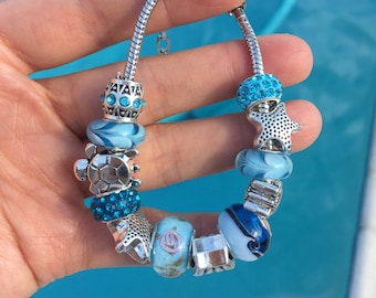 European Charm Bracelet,Pandora style bracelet,Ocean Blue Tone Bead Bracelet, Snake Chain Bracelets For Women Lady W/7.2"+1.5" Extension