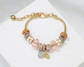 Gold Snake Chain Charm Bracelet: Glass Beads & Love Heart