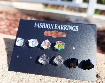 Crystal cube earrings/Dice earrings/Cubic earrings/Stud earrings set/Post earring/Stainless steel earrings/Minimalist earrings