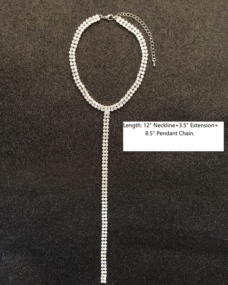 Silver Color 2 Row Cupchain Y-Necklace W/Clear Rhine Stones Length: 123.5 Extension8.5 Pendant image 4