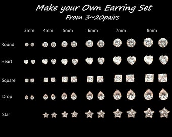 Pair of 316L Surgical Steel Round Cubic Zirconia Studs | Stackable Stud Earrings | Hypoallergenic | 3mm 4mm 5mm 6mm 7mm 8mm 9mm 10mm