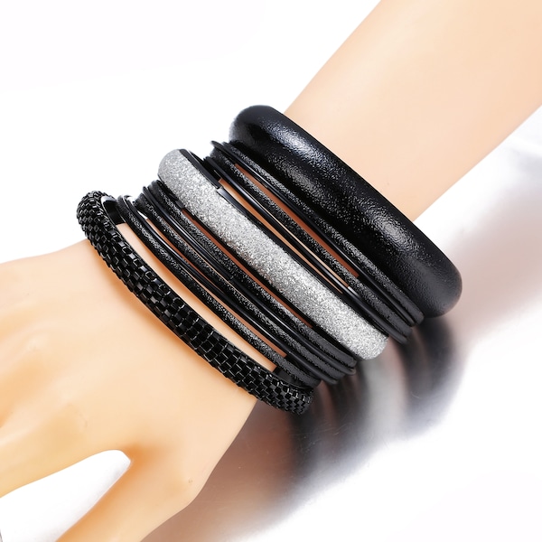 Multiple Trendy Metal Bangle Bracelets Set, 12Pcs/Set, Black Color W/Silver Glitter, Gift For Her