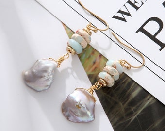 Real Freshwater Pearl+ Natural Stones Earrings, Baroque Pearl Dangle & Drop Earrings, Bridal/Bridesmaid/Wedding Earrings, Jewelry Gift