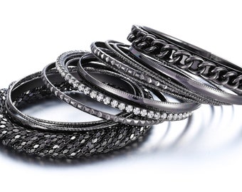 Vintage Silver Bangle Set: Rhinestone & Gunmetal Bracelets (12 Pcs
