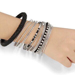 African Indian Seed beads Mixed Metal Bangles Bracelets, 15Pcs/Set, W/Clear Rhinestones, Gift For Her.
