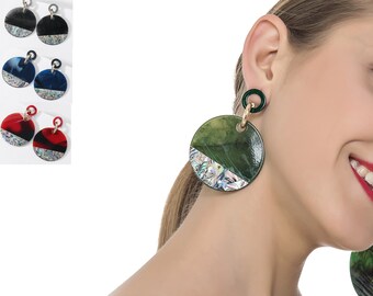 Boucles d'oreilles pendantes rondes en acrylique : coquillage en résine, tige en acier inoxydable