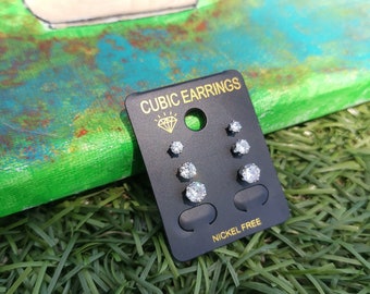 Boucles d'oreilles en acier inoxydable 3/4/5 mm avec cristaux transparents cubiques de rhin 3 paires/ensemble