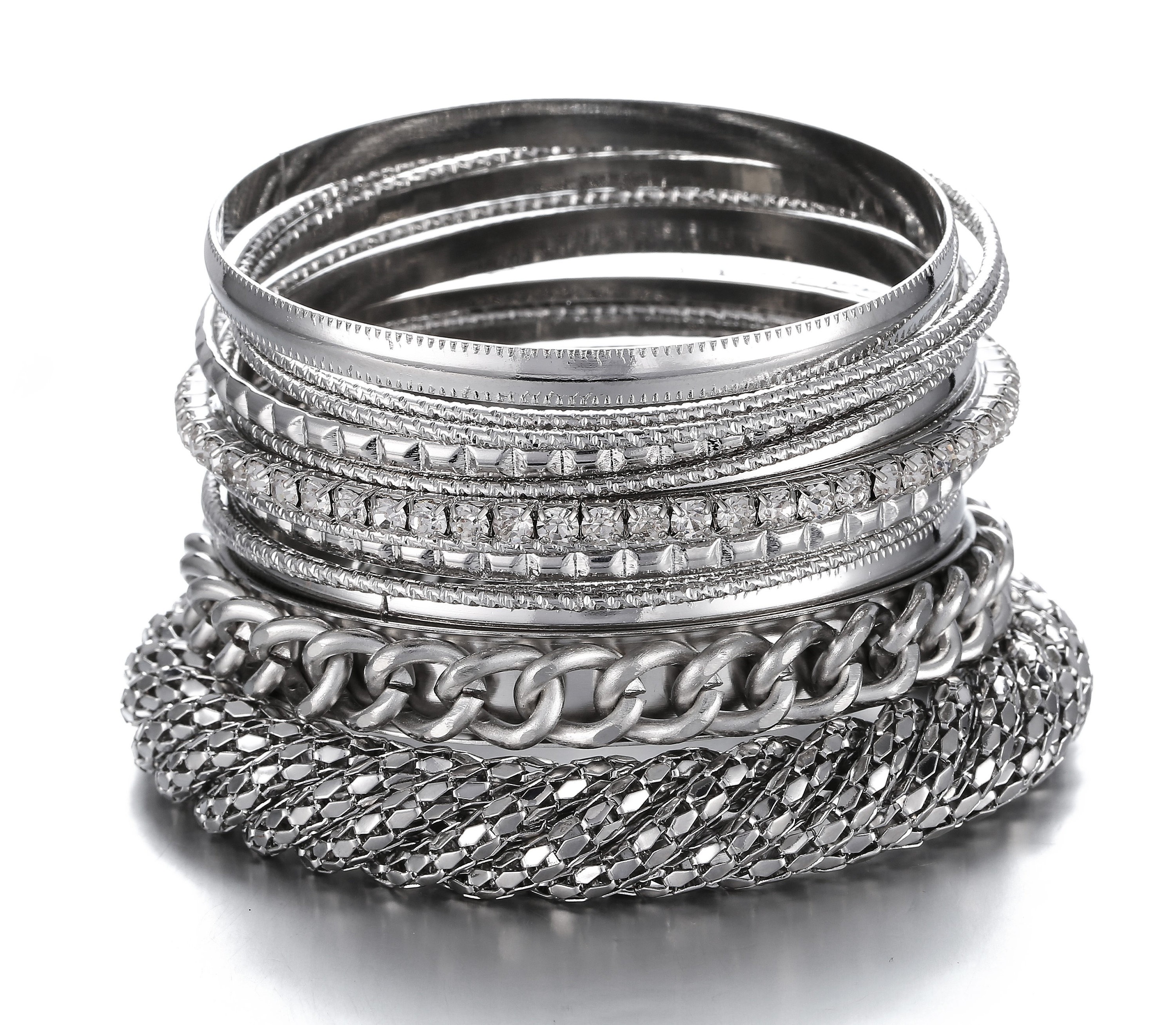 Vintage Silver Tone Bangle Set: Rhinestone Metal Bracelets (12 Pcs