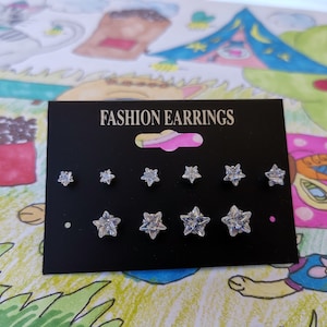 4/5/6/7/8mm Star Shape Set Of 5 pair Stainless Steel Stud Post Earrings Crystal Cubic Zirconia Gemstone Earring set, CZ Stud Earring Sets