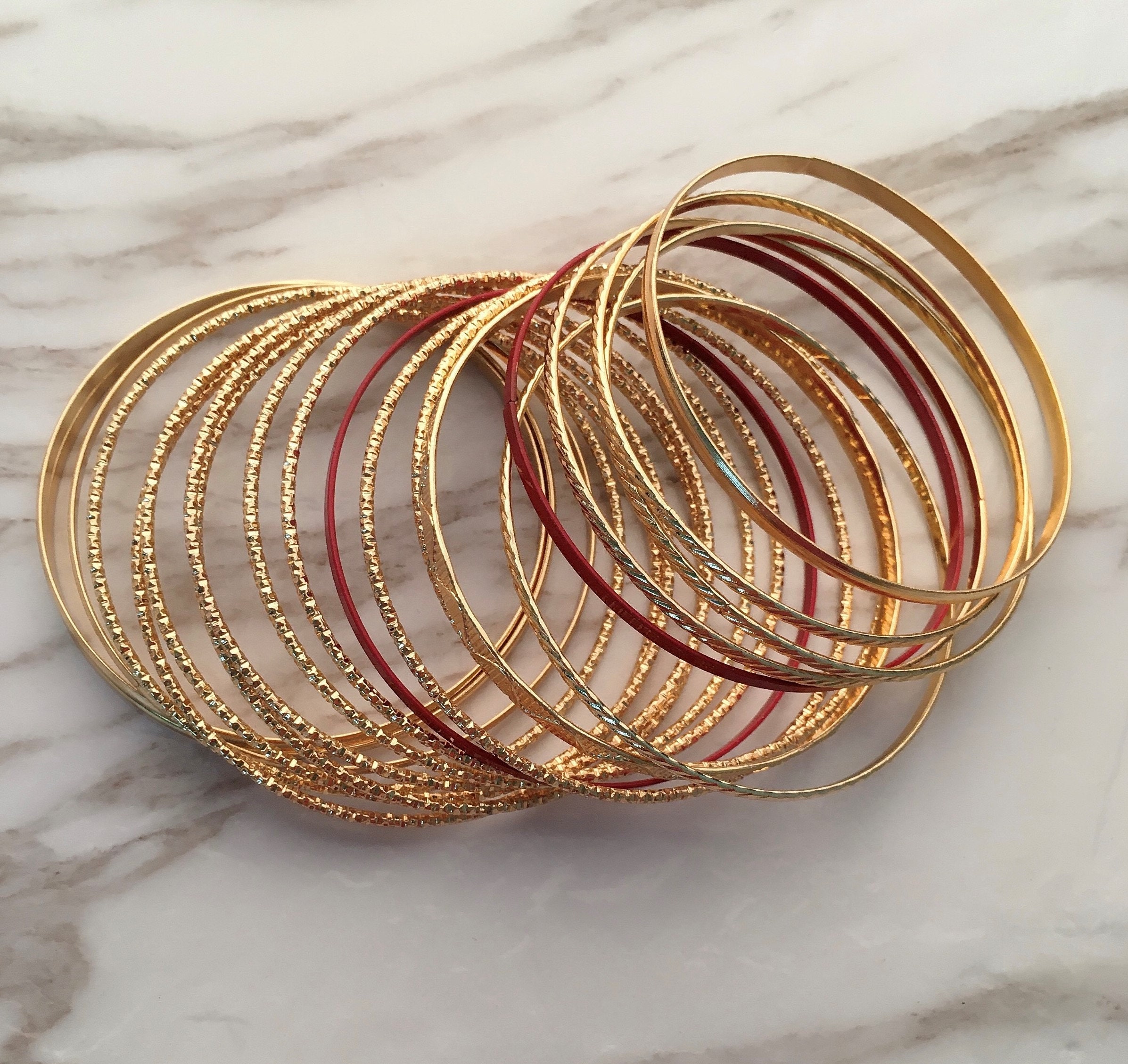 Gold & Red Textured Bangle Bracelet Set - 18 Pcs - Etsy